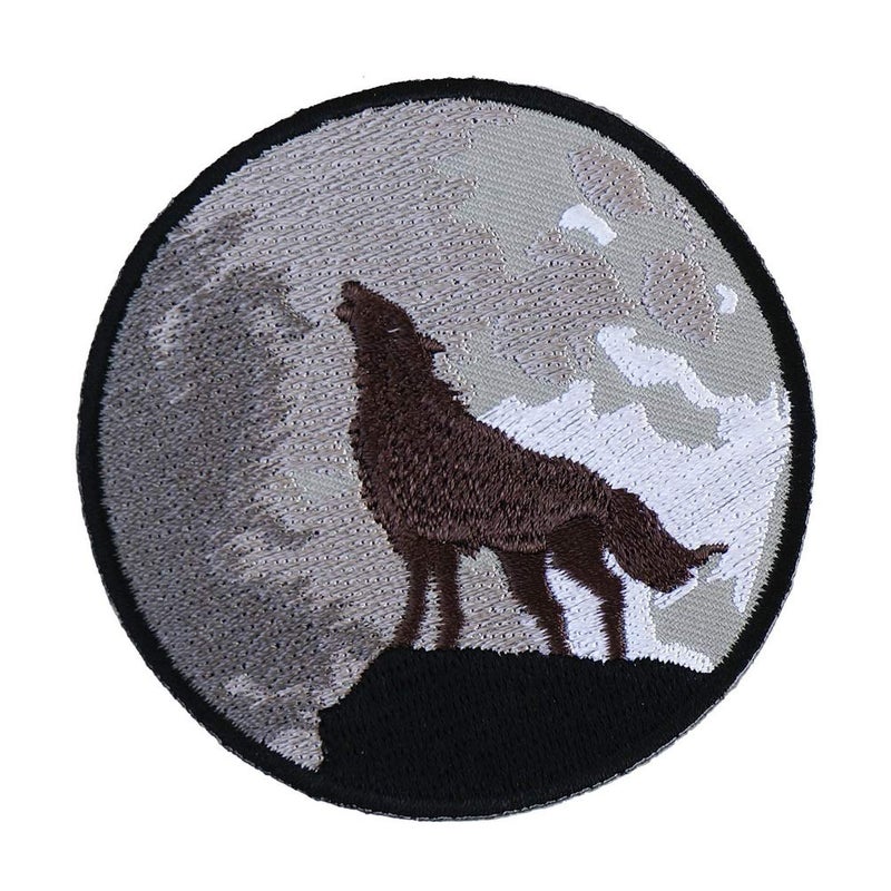 Graphic Dust Cry of The Lone Wolf Embroidered Iron On Patch Moon Howling Wolf Patch Indian Biker Tribe Chief Gang Motorcycle Racing Tattoo Heavy Metal Car Flame Fire Red Jean Jacket Buffalo Reto Rock - Image 1